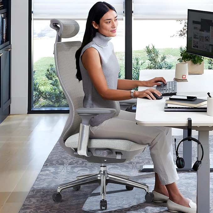 COLAMY Ergonomic Mesh Office Chair, High Back Computer Executive Desk Chair with Adjustable Headrest and 4D Arms, Slide Seat, Tilt Lock-Light Grey