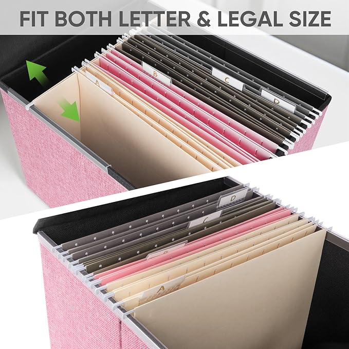 BALEINE File Organizer Box with Lid, Collapsible File Folder Organizer with Plastic Slide, Hanging File Folder Box for Office Document Storage (2 Pack, Pink)