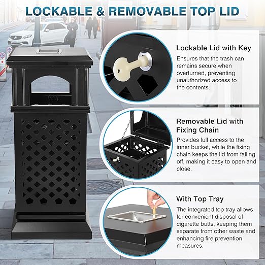 IRONWALLS Indoor/Outdoor Trash Can with Lid, Heavy Duty Steel Garbage Can with Removable Bin, Locking Lid, 16”x16”x35.4” Dual Sided-Open Commercial Trash Can Large for Patio, Backyard, Office, Black