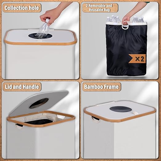efluky Recycling Bin 100L, 26 Gallon Recycle Bins for Kitchen Indoor Outdoor Home with 2 Removeable and Reusable Inner Bag, Tall Recycle bin for Bottle Can Plastice Stickers (Beige)