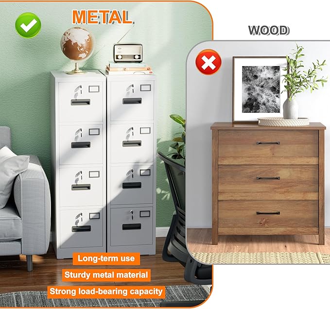 4 Drawer File Cabinet with 4 Independent Locks, Metal Vertical Filing Storage Cabinet for Home Office with Card Holder for Letter/Legal/A4 Folders, Assembly Required, 4 Drawers, White