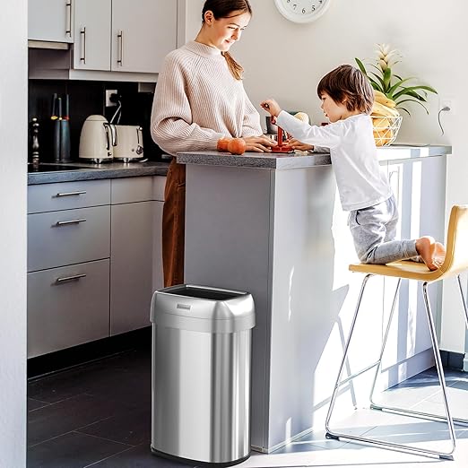 iTouchless 13 Gallon Open Top Kitchen Trash Can Recycling Bin with Double Odor Filters, Oval Commercial Grade Stainless Steel Trashcan for Home Office Work Bedroom Living Room Garage