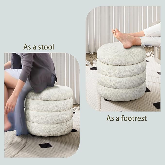 Storage Ottoman, Round Ottoman with Storage, Vanity Stool Foot Rest with Removable Lid, Round Boucle Upholstered for Living Room Pouf Footstool