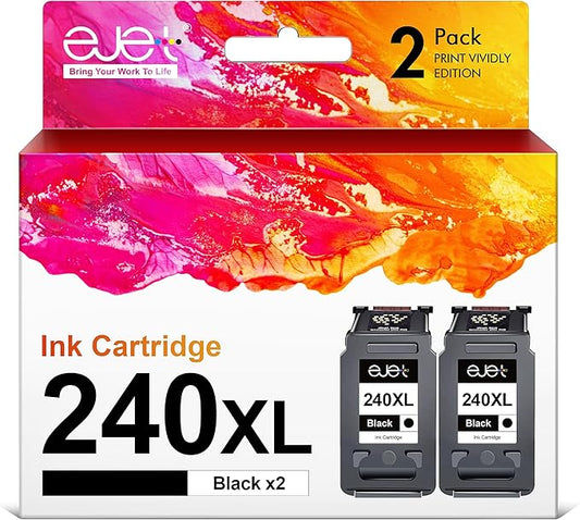ejet 240XL PG-240 Black Ink Cartridge Remanufactured Replacement for Canon 240XL Black Ink Cartridge PG-240 XL for Canon Pixma MG3620 TS5120 MG2120 MG3520 MX452 MX512 MX532 MX472 Printer (2-Black)
