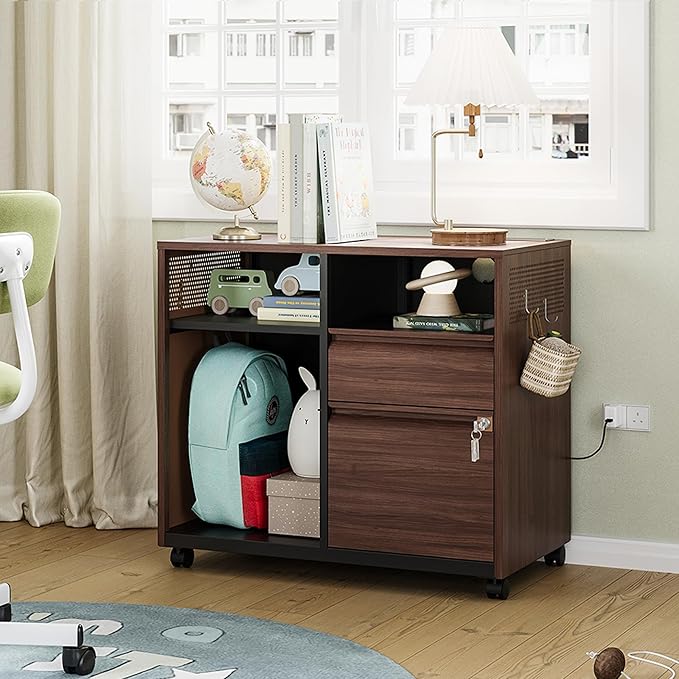 Letaya Mobile 2 Drawer File Cabinet with Lock, Metal Lateral Printer Stand Filing Storage Cabinets with Shelves for Home Office-A4/F4/Letter (Charging Socket)