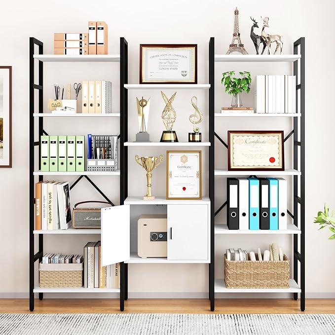 Yusong Bookshelf Triple Wide 5 Tier Bookcases with Storage Cabinet, Industrial Large Modern Tall Bookshelves with 12 Open Display Shelves for Living Room Office Bedroom, White and Black