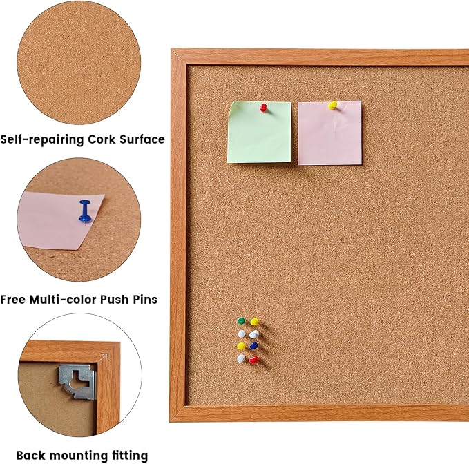 Cork Bulletin Board for Wall - 36” x 24” Bulletin Board Wall Mounted Wood Frame Message Board pin Board for School,Office and Home