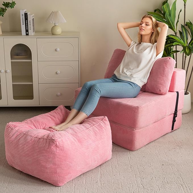 HIGOGOGO Square Stuffed Pouf Ottoman, Corduroy Poufs with Foam Chunk Filling, Furry and Fluffy Pouf Foot Stool Storage Ottoman, 25.6 X 25.6 Floor Poufs Foot Rest for Living Room, Pink