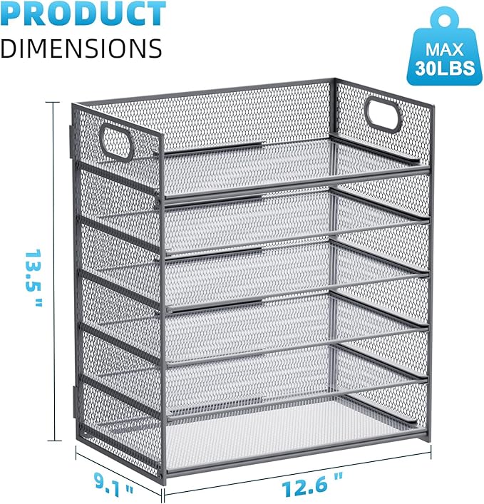 Marbrasse 6 Tier Paper Organizer Letter Tray - Mesh Desk File Organizer with Handle, Paper Sorter for Letter/A4 Office File Folder Holder - Grey