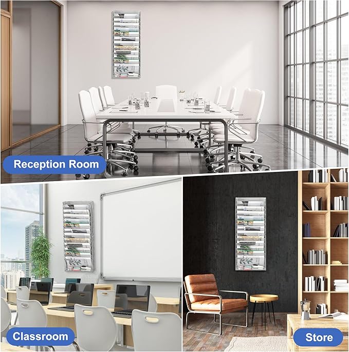 EasyPAG 14 Tier Wall File Holder with Flat Tray, Silver | Easy Assemble Mesh Desk File Organizer | 13-Folder Paper Storage | Replaceable Classify Labels | Space Saving Mail Organizer for Office Home