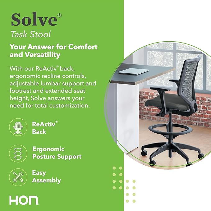 HON Solve Standing Desk Chair, ReActiv High Back Support, Office Chair with Foot Rest, Ergonomic Office Chairs, Adjustable Height