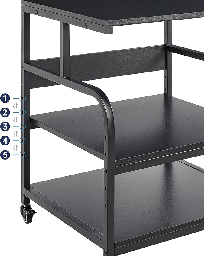 25.6" x 23.6" Extra Large Printer Stand Table with Adjustable Storage Shelf, 3 Tier Rolling Printer Cart with Industrial Wheels for Home Office, Black