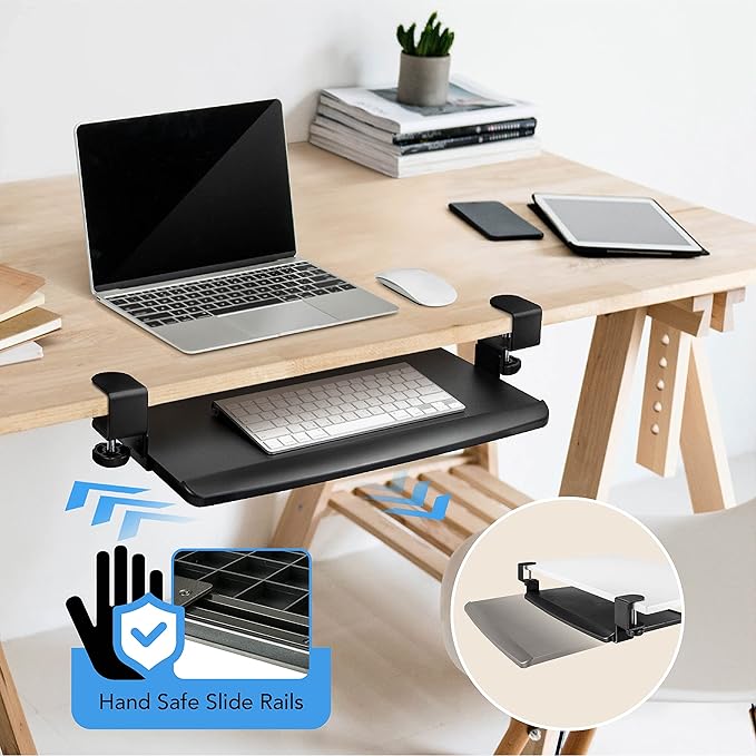 EHO Clamp-On Retractable Adjustable Keyboard Tray, Under Desk Ergonomic Keyboard Tray - Easy Tool-Free Install - Small Surface 20" (24.8" Including Clamps) x 11.5"