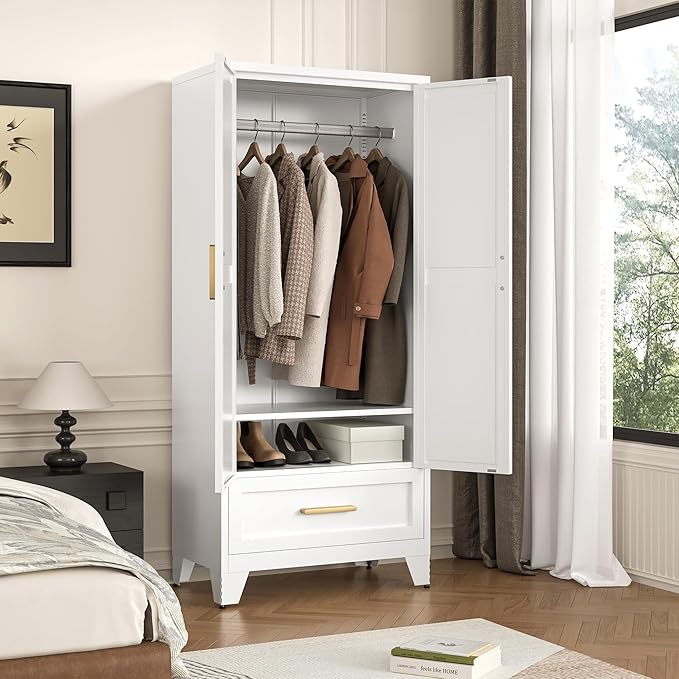 71" Tall Metal Wardrobe Cabinet with Drawer and Hanging Rod, 2 Doors Armoire Wardrobe Closet with Shelf for Bedroom, Office, Laundry Room, White