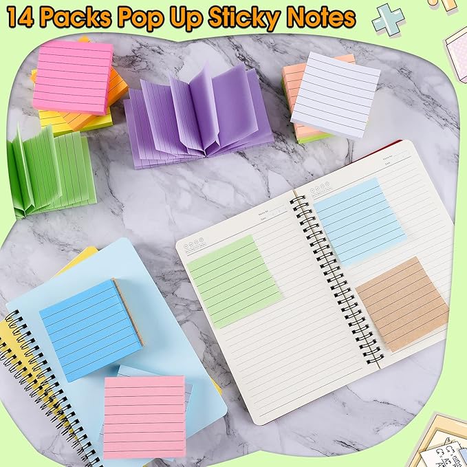 14 Pads Pop Up Sticky Notes,1400 Sheet Lined Sticky Notes 3x3 Inch,Self-Stick Notes Pads with Lines,Bright Multi Colors Easy Post Notes Pop up Refill for Office Study School Daily Life,100 Sheets/Pad