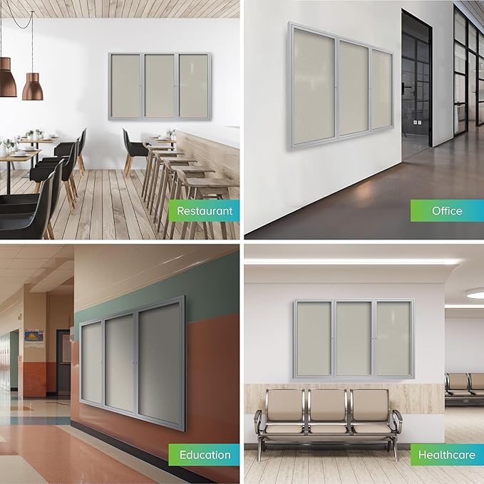 Ghent 48"x96" 3-Door Outdoor Enclosed Vinyl Bulletin Board, Shatter Resistant, with Lock, Satin Aluminum Frame - Ivory (PA34896VX-185), Made in the USA