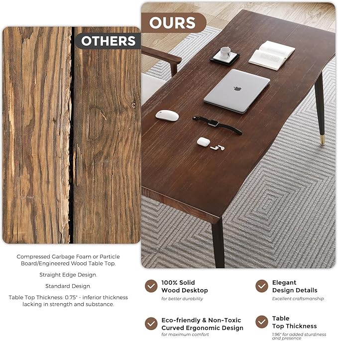 Modern Simple Style 55" Standing Desk Study Computer Desk - Black Metal Frame, Solid Wood Planks, for Home Office Bedroom