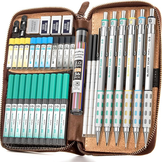 Nicpro Blocky Gear Metal Mechanical Pencil Set with Leather Case, 40PCS Art Drafting Pencil 0.5, 0.7, 0.9 & 2mm Lead Pencil with 352PCS (HB 2H 4H 2B 4B 6B Color) Lead Refills for Sketching Drawing