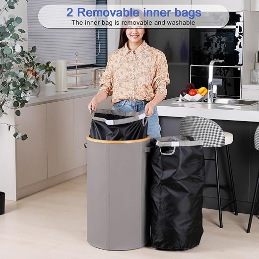 efluky Recycling Bin for Kitchen 100L, 26 Gallon Recycle Bins for Indoor Outdoor Home Use with 2 Removeable and Reusable Inner Bags, Tall Recycle bin for Bottle Can Plastice Stickers (Grey)