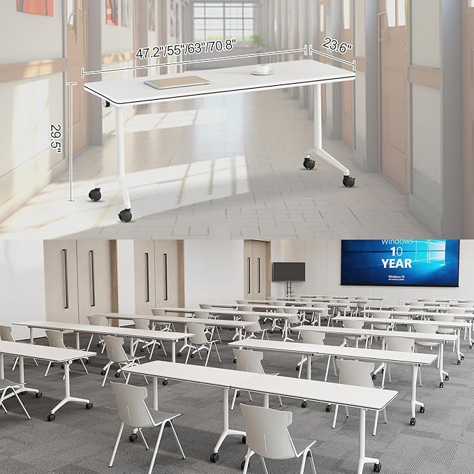 Folding Conference Room Tables 6 Pack, Foldable Modern Mobile Meeting Table Desk Training Table 6FT Large Rolling OfficeTable for Conference Training Classroom (4, 55" * 23.6" * 29.5")