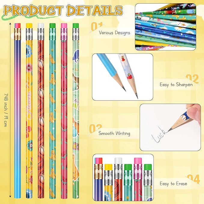 Sabary 100 Pcs Assorted Wood Pencil Bulk 50 Styles #2 HB Colorful Novelty Fun Dinosaur Animals Fruits Sports Pencils with Erasers Back to School Supplies for Kids Student Teacher Classroom Reward