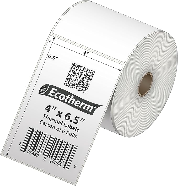 4" x 6.5" Thermal Labels | 6 Rolls | 2280 Labels | fits Zebra, Munbyn, Rollo, Godex, Arkscan, iDPRT, Offnova Thermal Label Printers and More | Blank White Adhesive Stickers by Ecotherm