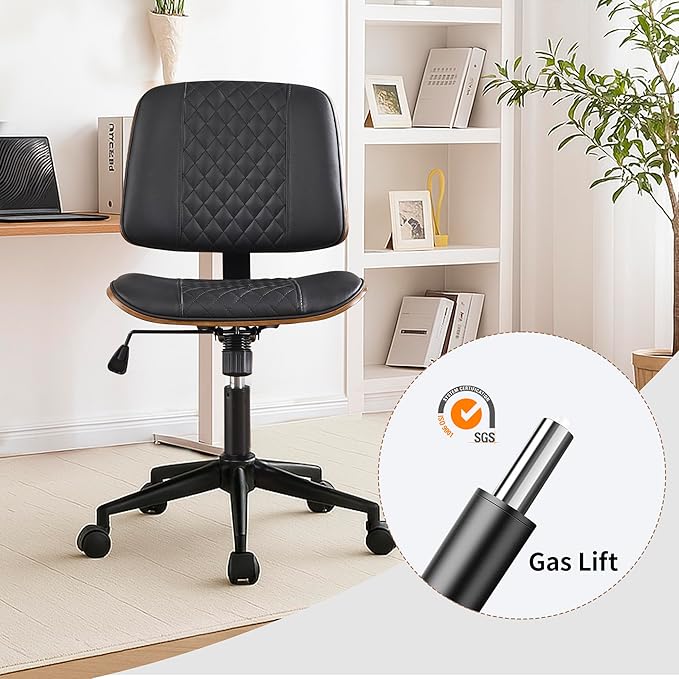 Modern Black Home Office Chair – Armless Mid-Back Desk Chair with PU Leather, Adjustable Height, Swivel Wheels, Walnut Wood Finish, Perfect for Small Spaces