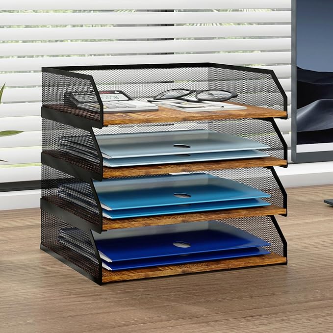 Natwind 4-Tier Stackable Paper Tray, Metal Mesh Desktop Organizer, Paper Sorter, Letter Trays,File Document Storage Rack for for Home, Office, School (Retro)