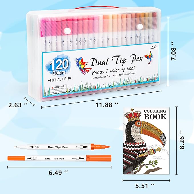 Lelix 120 Colors Dual Tips Brush Pens Art Markers with a Coloring Book, Brush and Fine Point Pens Fineliner for Adults Kids Coloring Books Calligraphy Journaling Lettering Drawing
