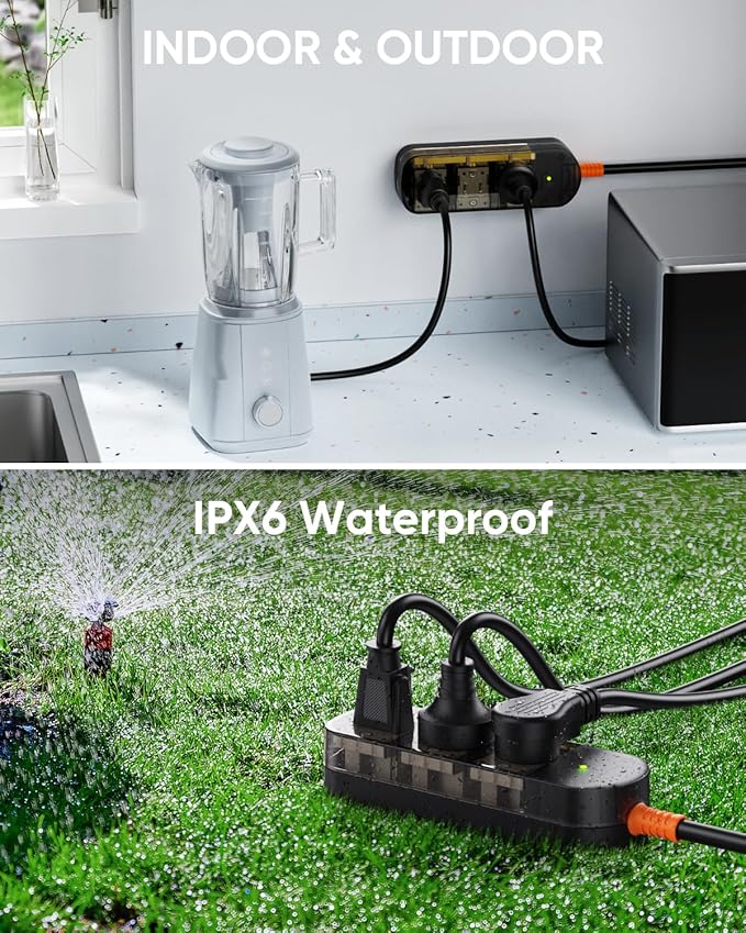 IPX6 Outdoor Power Strip Weatherproof, Surge Protector with 6FT Extension Cord 3 Outlets, Waterproof Power Strip 1875W Overload Protection for Kitchen Patio Christmas Lights, Clear Black