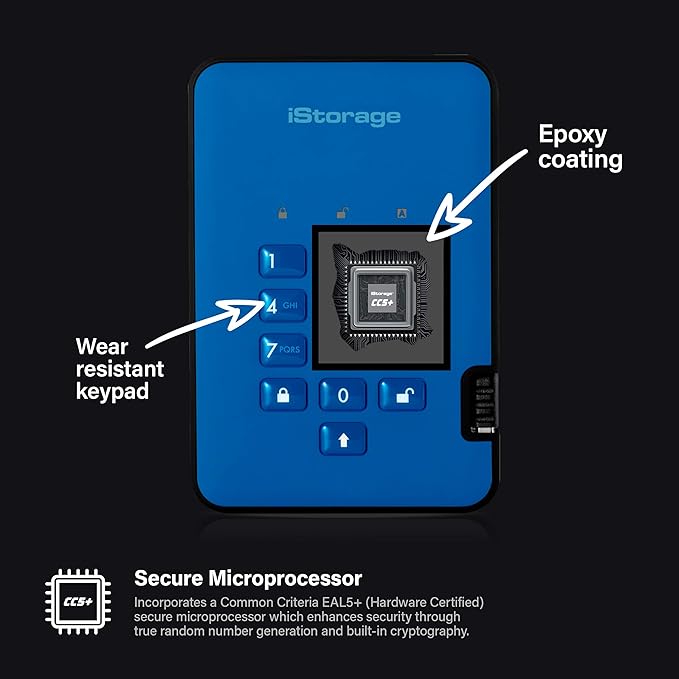iStorage diskAshur2 HDD 3TB Blue | Secure portable hard drive | Password protected | Dust & water resistant | Hardware Encryption