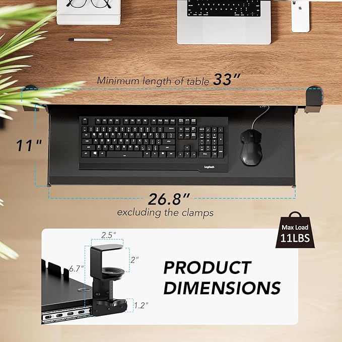 Keyboard Tray Under Desk Pull Out with Extra Sturdy C Clamp Mount System, 27.3 (32.5 inch Including Clamps) x 11 Inch Slide-Out Platform Computer Drawer for Typing Black AX01WB01