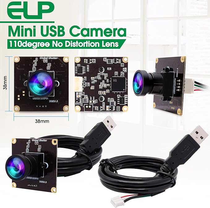 ELP High Speed Wide Angle Global Shutter USB Camera Module for Computer 1080P Mini UVC USB2.0 Webcam Board with 110degree No Distortion Lens AR0234 High Frame 90fps Web PC Camera Board for Laptop