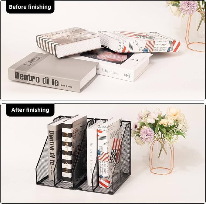 2 Set Magazine Holder Metal Wire, 2 Compartments Mesh File Holder for Desk, Office Desk Accessories Decorative File Box, Black