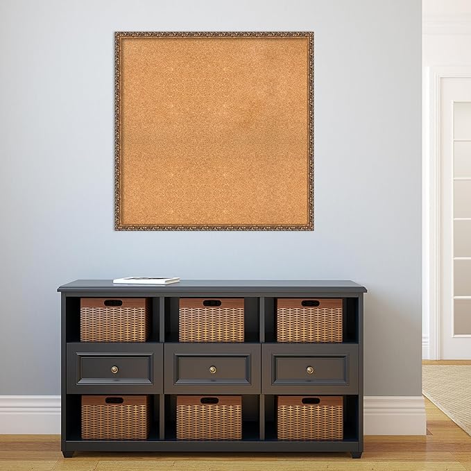 Amanti Art Natural Cork Board for Wall, 34x34 Vision Board with Bronze Frame, Large Corkboard Office Decor for Home Organization, Traditional Corkboard Pinboard to Display Items for Home Organization