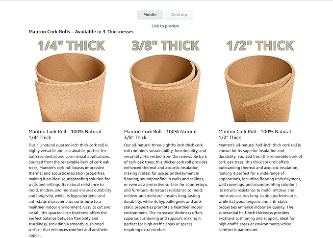 Manton Cork Premium Cork Roll - 3’ x 12’ x 1/4”, 100% Natural Facing Grade Material, Custom Cut Cork for Home, School, and Office Walls & Bulletin Boards