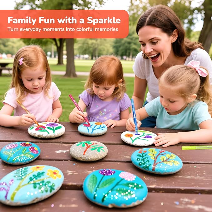 JoyCat 3mm Medium Tip Glitter Markers - 12 Vibrant Colors (Red to Pink) | 3ml High-Capacity Ink | Multi-Surface Paint Pens for Rock, Wood, Fabric, Glass | Gift for Kids DIY Crafts