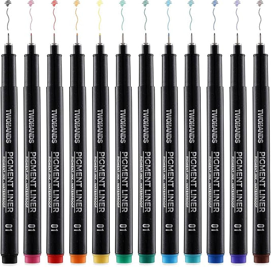 TWOHANDS Micro Pens 01,Art Pens,Fineliner Ink Pens,Set of 12 Technical Drawing pen,Pigment Pen,Fine Point,colord,Waterproof,for Art Watercolor,Sketching,Anime,Manga, 21281
