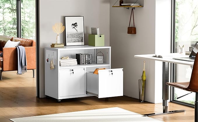 Metal File Cabinet,2 Drawer Lateral Filing Cabinet with Lock,Rolling Printer Stand Storage Cabinets with Shelves for Home Office Letter/Legal/A4 Size Files(White)