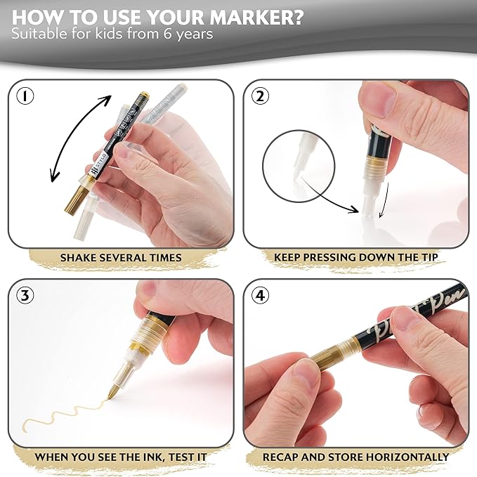 Stylo 4 Count Acrylic Metallic Pens - Black, Gold, Silver And White Paint Pens - Fine Tip Permanent Acrylic Metallic Paint Markers for Rock Painting, Glass, Wood, Ideal for Arts and Crafts