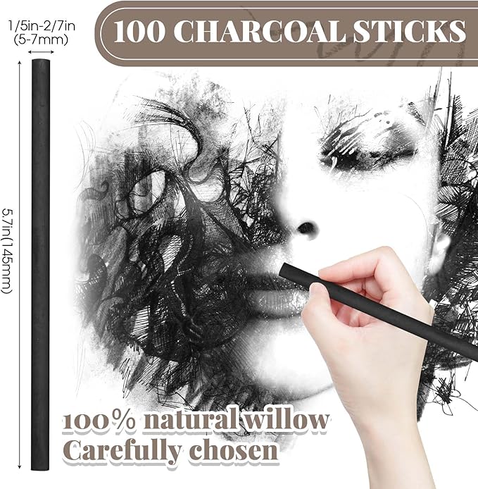 Gueevin 100 Pcs Willow Charcoal Sticks, Willow Charcoal, Artists, Beginners, Students, Perfect for Sketching, Drawing, Shading, and Fine Art (5-7mm)