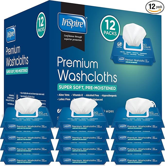 Inspire Adult Wet Wipes, Wash Cloths | Adult Wipes for Incontinence & Cleansing for Elderly, 8"x12" Count 12 packs of 50