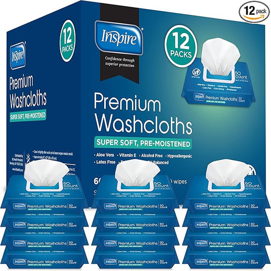 Inspire Adult Wet Wipes, Wash Cloths | Adult Wipes for Incontinence & Cleansing for Elderly, 8"x12" Count 12 packs of 50