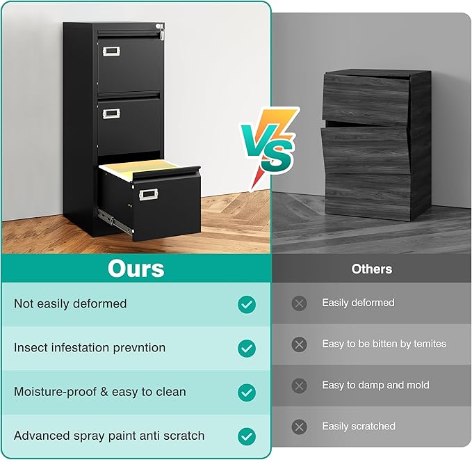 SISESOL 3 Drawer File Cabinet with Lock and Tag,Narrow Three Drawer Filing Cabinet,Vertical Metal File Cabinets,Small Black Filing Cabinets for Home Office Fit Letter/A4/Legal Size File,Easy Assembly