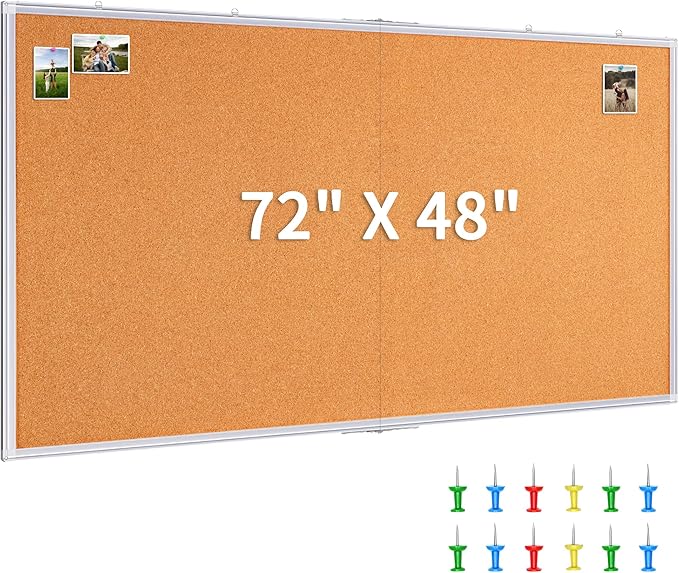 maxtek Large Cork Board 72 x 48 in, Bulletin Board for Walls, 6'x 4' Extra Aluminum Framed Corkboard, Foldable Wall Mounted Back to School Pin Memo Notice Cork Board for Office, Home Wall Display