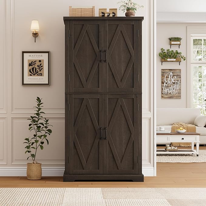 HOSTACK 64" Tall Pantry Cabinet, Modern Farmhouse Kitchen Pantry, Wood Bathroom Storage Cabinet, Large Bookcase, 4 Doors|Adjustable Shelves, for Dining Room, Living Room, Home Office, Dark Brown