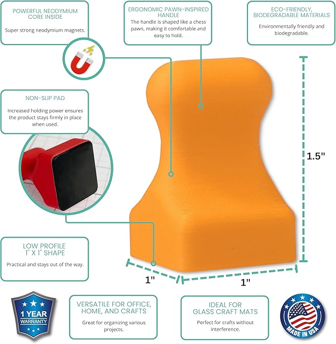 Glassboard Studio MiniPawn Magnet - Strong Neodymium Rare Earth Magnets for Fridge, Whiteboard, Locker & Magnetic Glassboards - Crafting & Office Use - Strong Fridge Magnets (Tangerine Orange, 12)