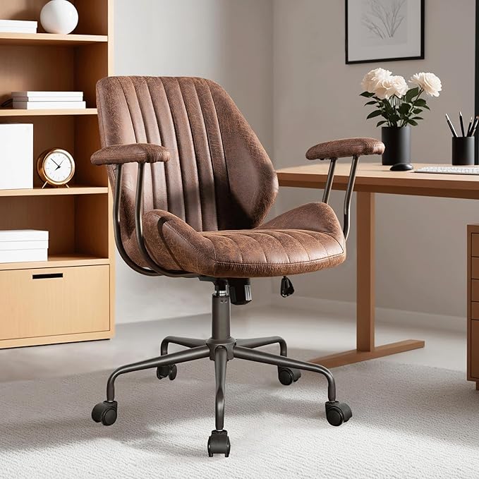 ovios Ergonomic Home Office Chair, Mid-Century Modern Faux Leather Chairs with Padded Armrests, Comfy Mid Back Swivel Rolling Executive Computer Armchair (Dark Brown, Suede Leather)