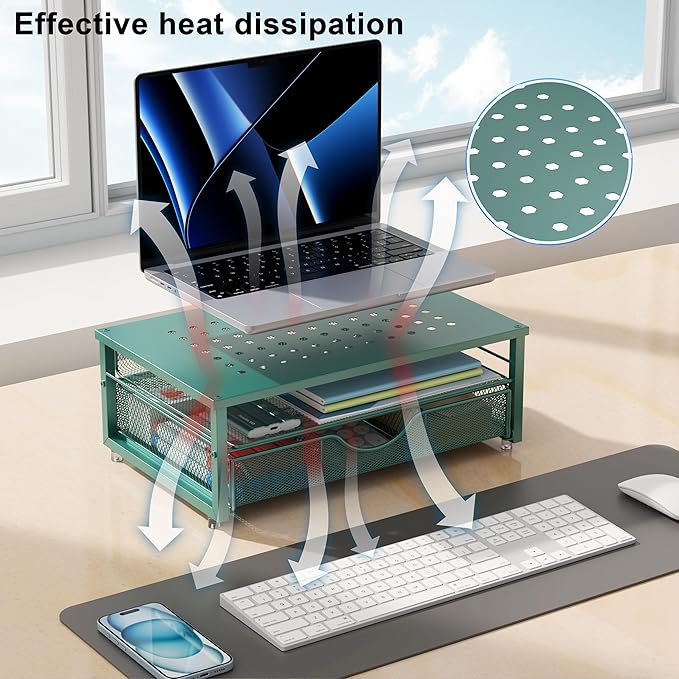 gianotter Computer Monitor Stand Riser, office organizer with Drawer, Office Organizers Storage for Classroom Office Supplies (Dark Green)
