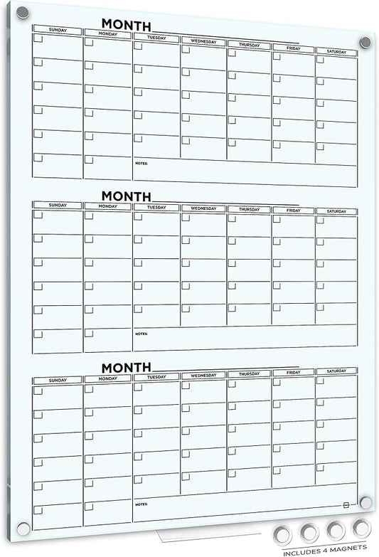 Glass Whiteboard Calendar 34x46” Quarterly Planner White Board Dry Erase Board 3 Month for Wall Glass Whiteboard Home Office Large Wall Calendar 2025 & Marker Tray